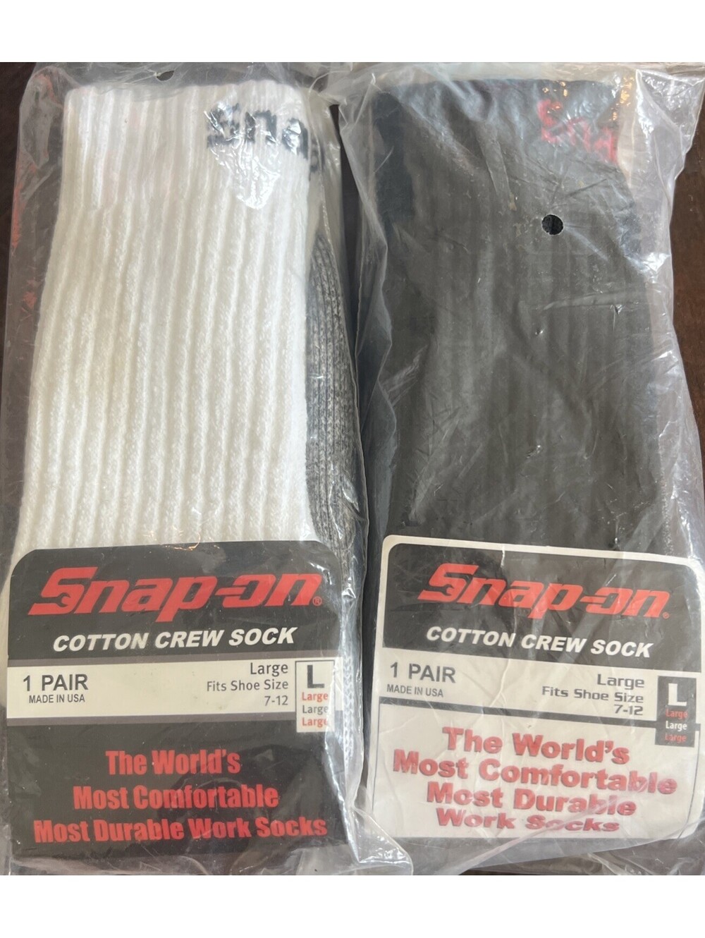 SNAP-ON 2 PAIRS OF COTTON CREW SOCKS LARGE SZ 7-12 Black, White